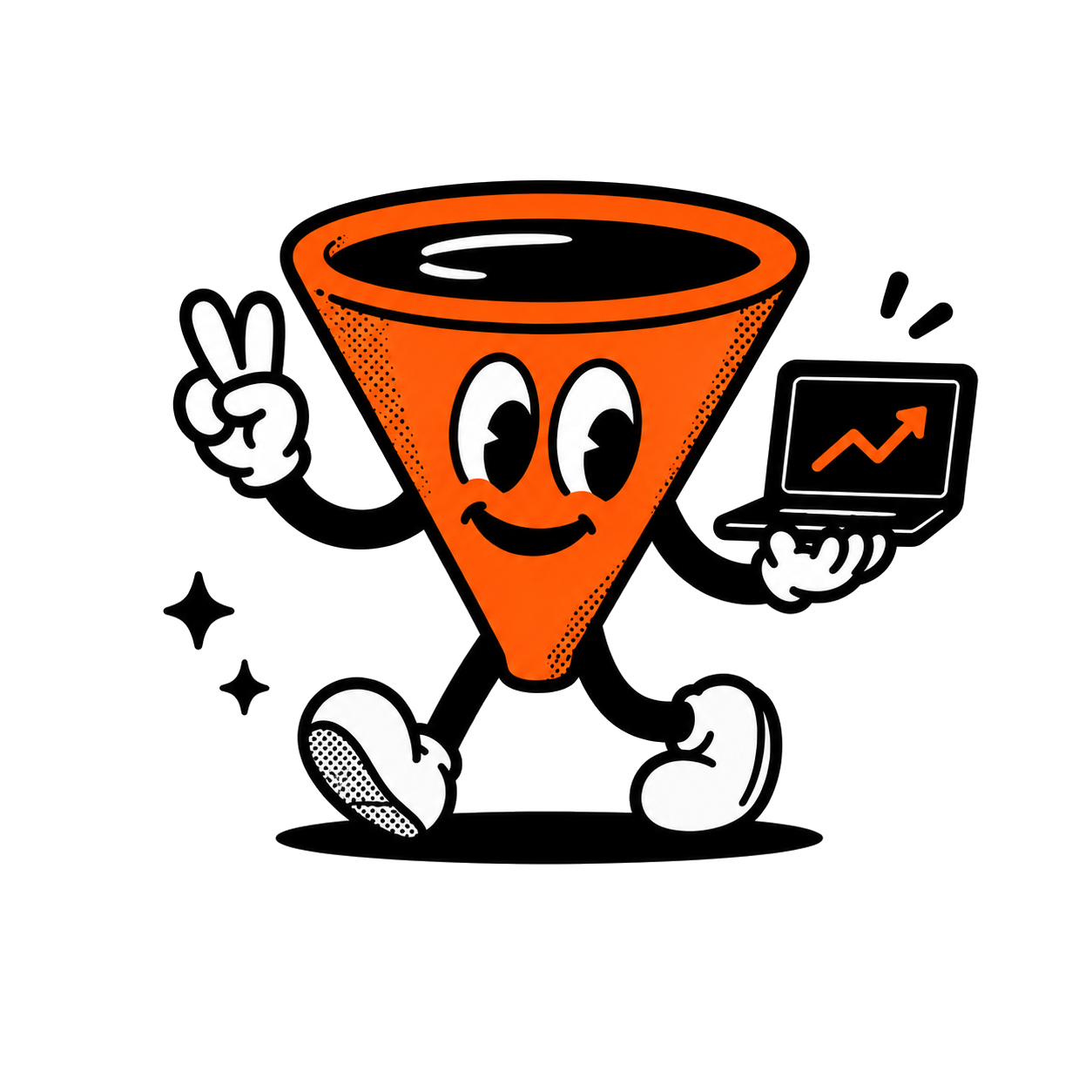 Budo, la mascota de Embudero, sosteniendo una laptop con gráfica de crecimiento